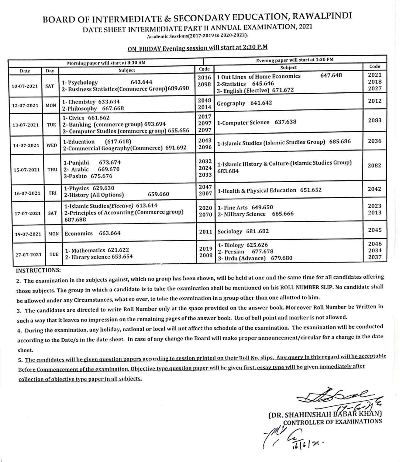 Bise Rawalpindi Board Inter 1st year 2nd Year Date Sheet 2024