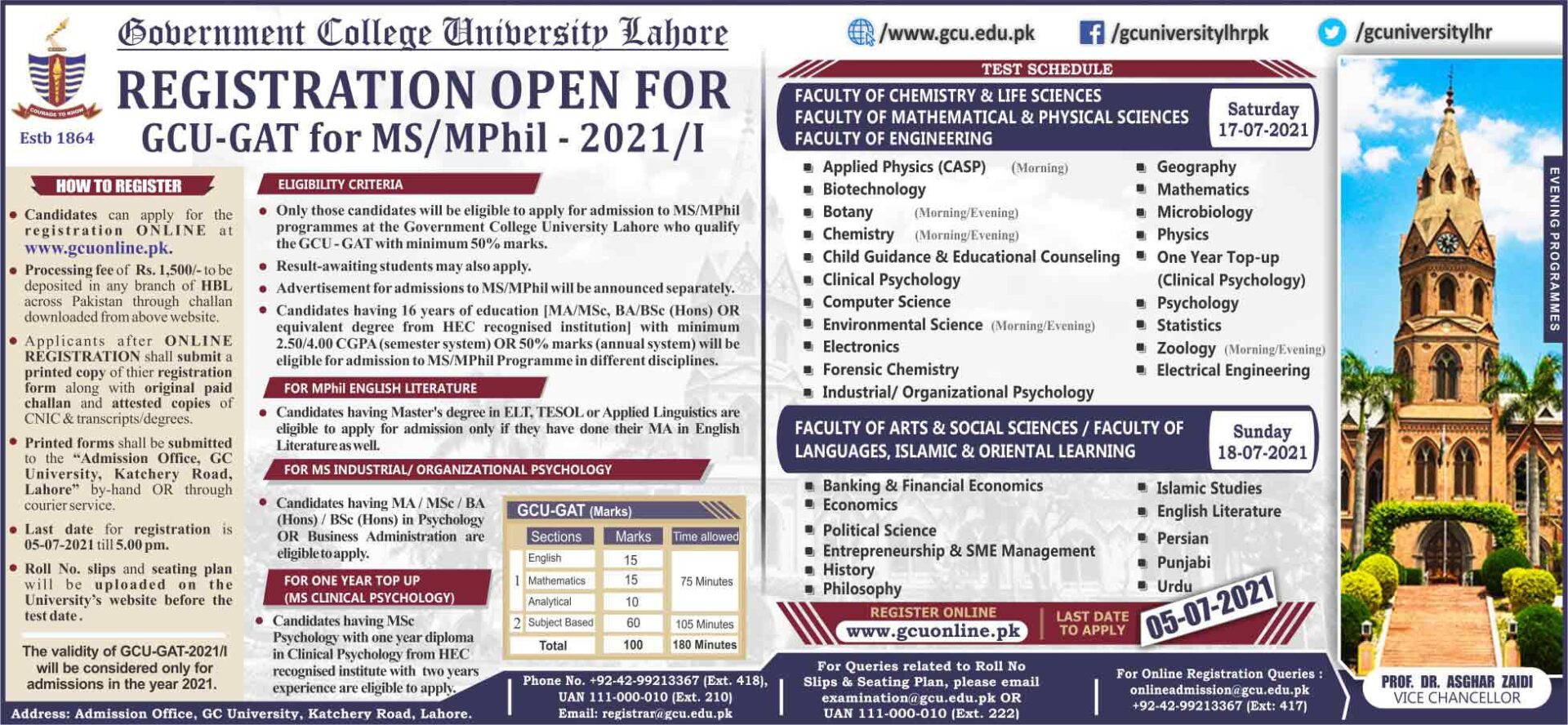GCU Lahore GAT Test for MS/ MPhil Admission 2021 Test