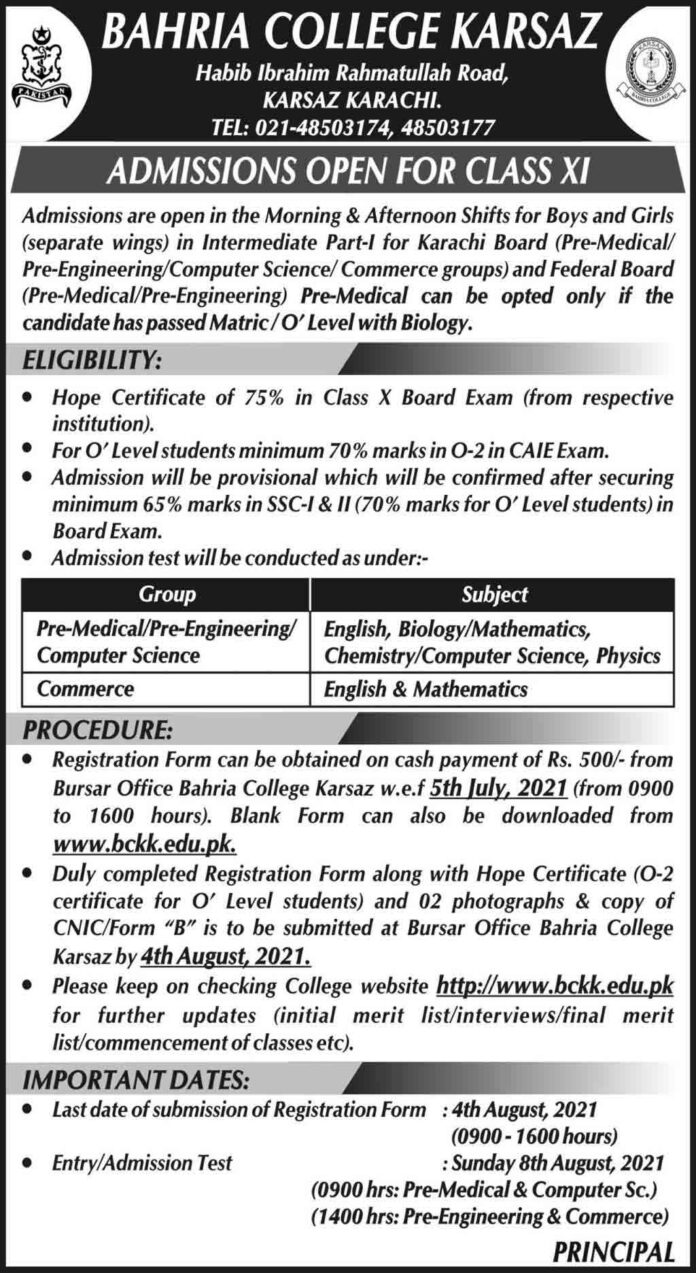 Bahria College Karsaz Karachi Admission 2021 Result Fee Structure