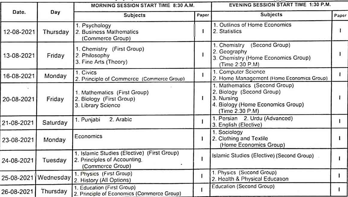 Bise-Gujranwala-11th-Class-Date-Sheet-2021