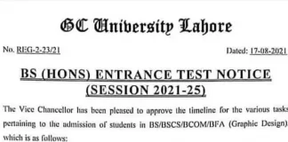 GC University BS Entry Test 2021