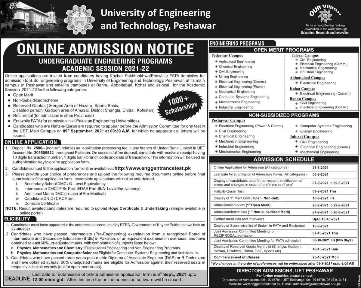 UET Peshawar Undergraduate Admission 2021