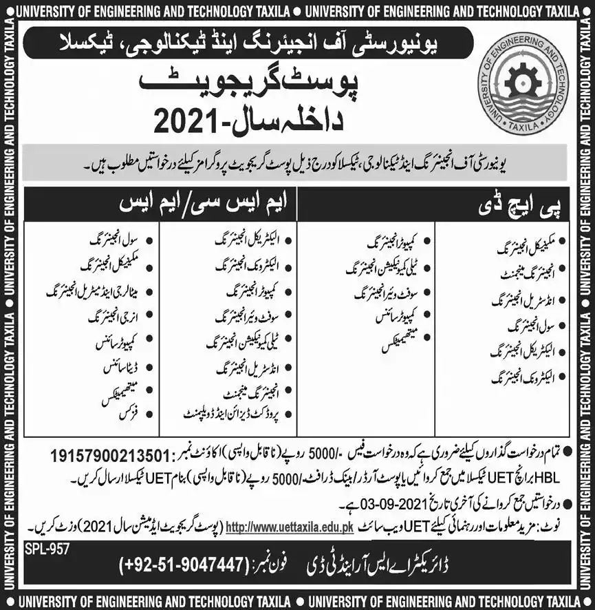 UET Taxila Postgraduate Admission 2021