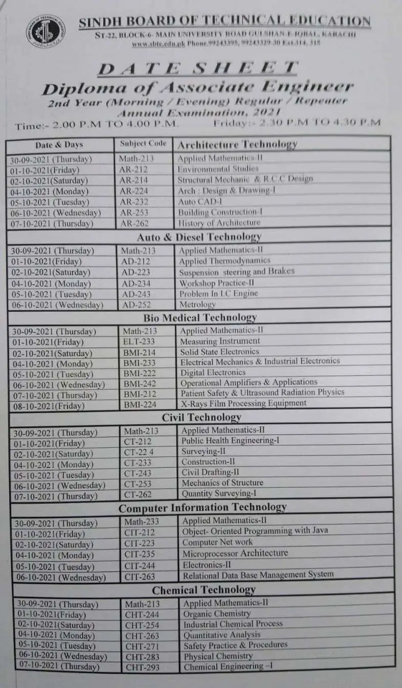 SBTE Date Sheet 2024