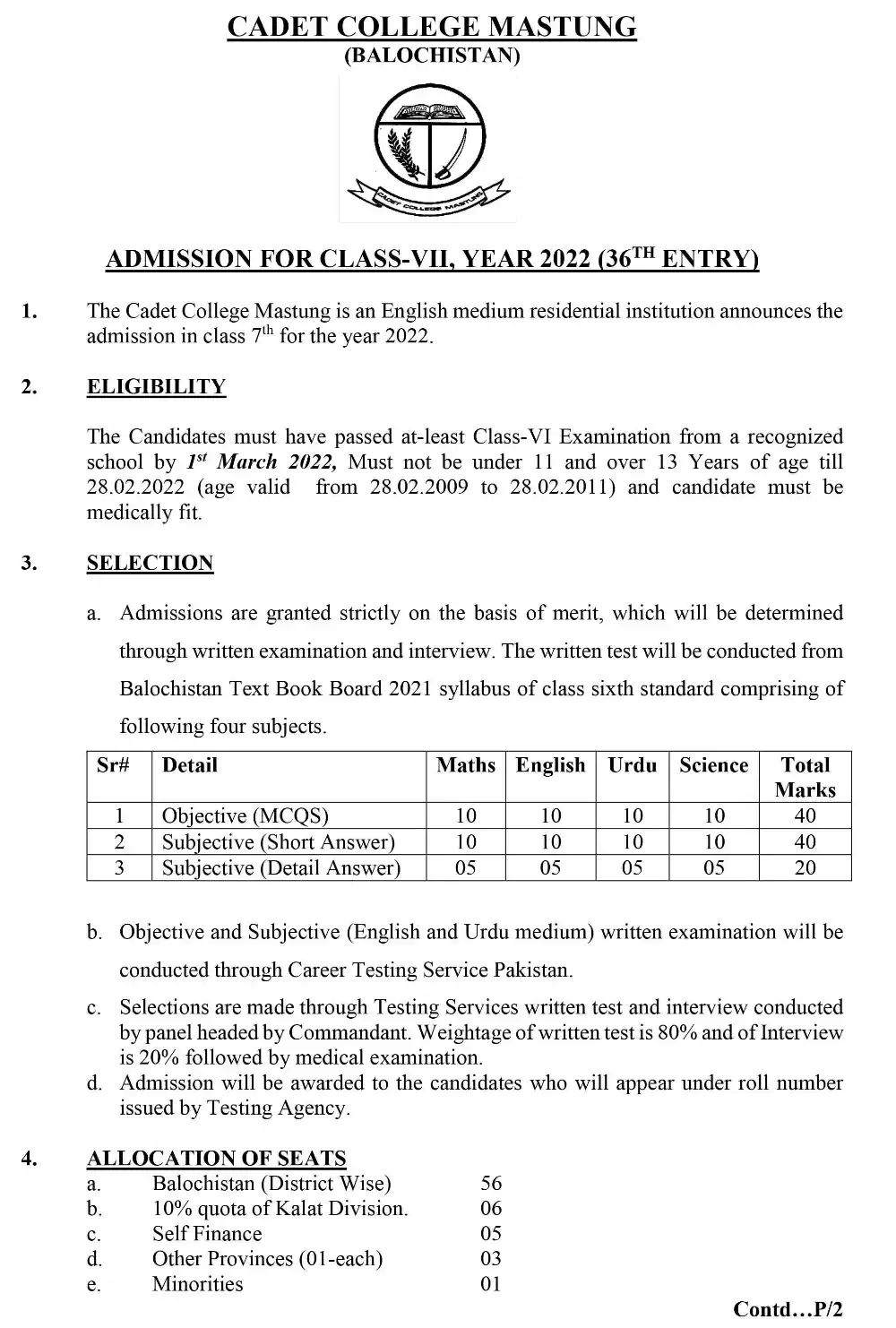 Cadet College Mastung Balochistan Admission 2022
