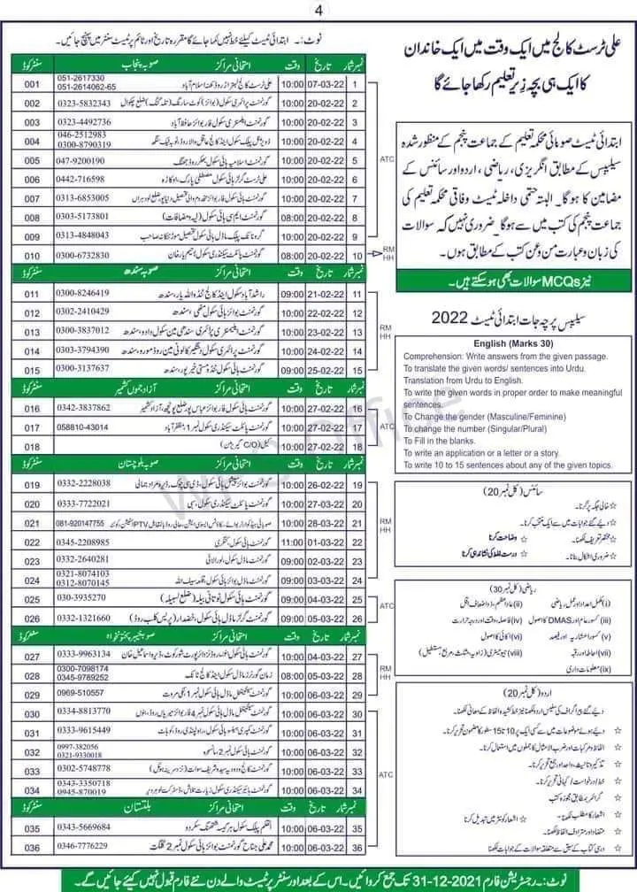 Ali Trust College Islamabad Admission 2024