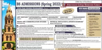GCU Lahore BS Admission 2022