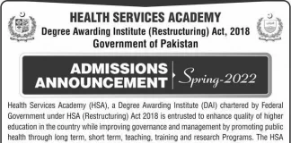 Health Services Academy Islamabad Admission 2022