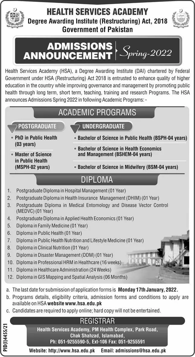 Health Services Academy Islamabad Admission 2022