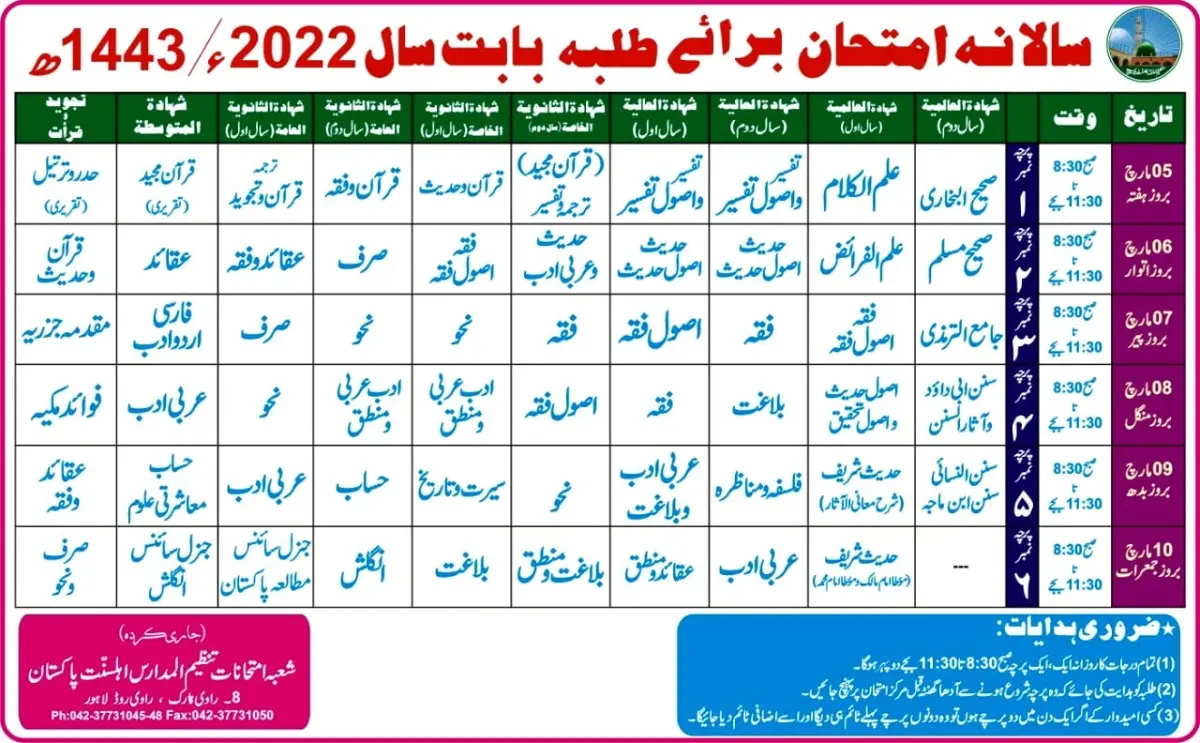 Tanzeem Ul Madaris Ahle Sunnat Date Sheet 2022