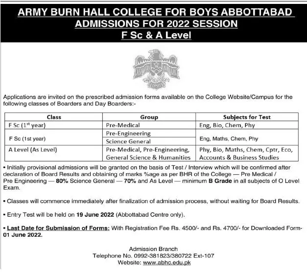 Army Burn Hall College for Girls Abbottabad Admission 2022