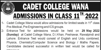 Cadet College Wana Admission 2022