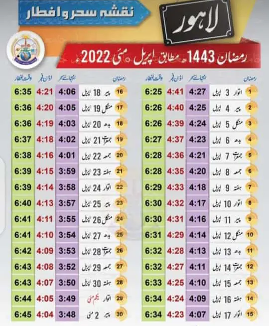Ramadan Time Table Sehr o Iftar Timings in Lahore 2022