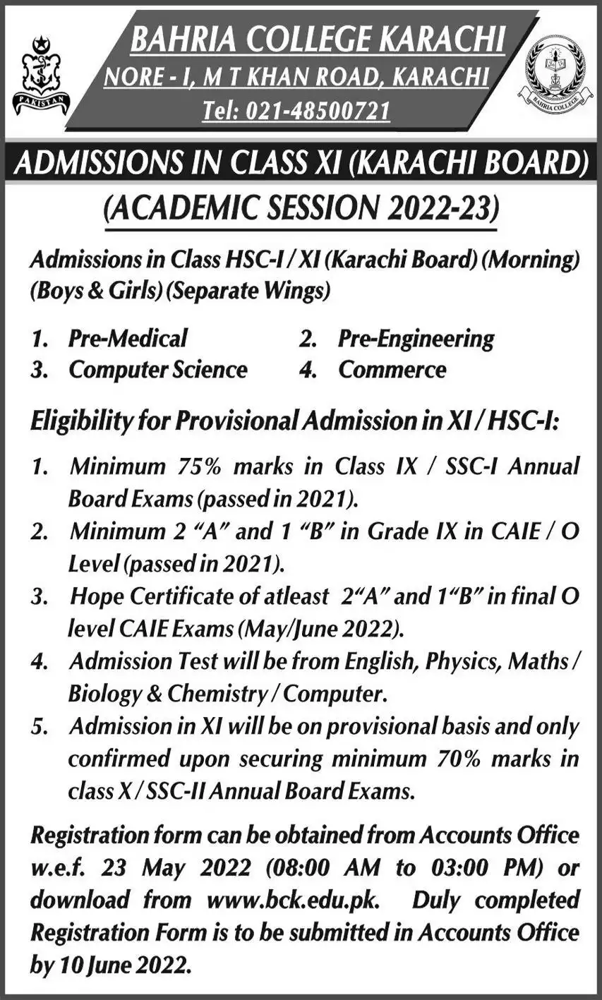 Bahria College Karachi Admission 2022