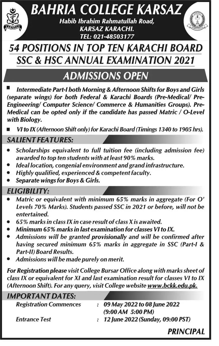 Bahria College Karsaz Karachi Admission 2022