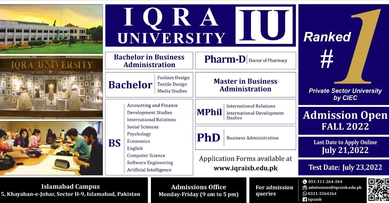 Iqra University Islamabad Admission 2022