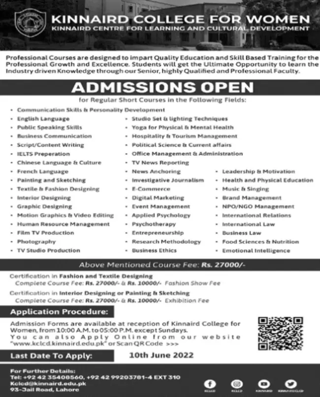 Kinnaird College for Women Lahore Courses 2022