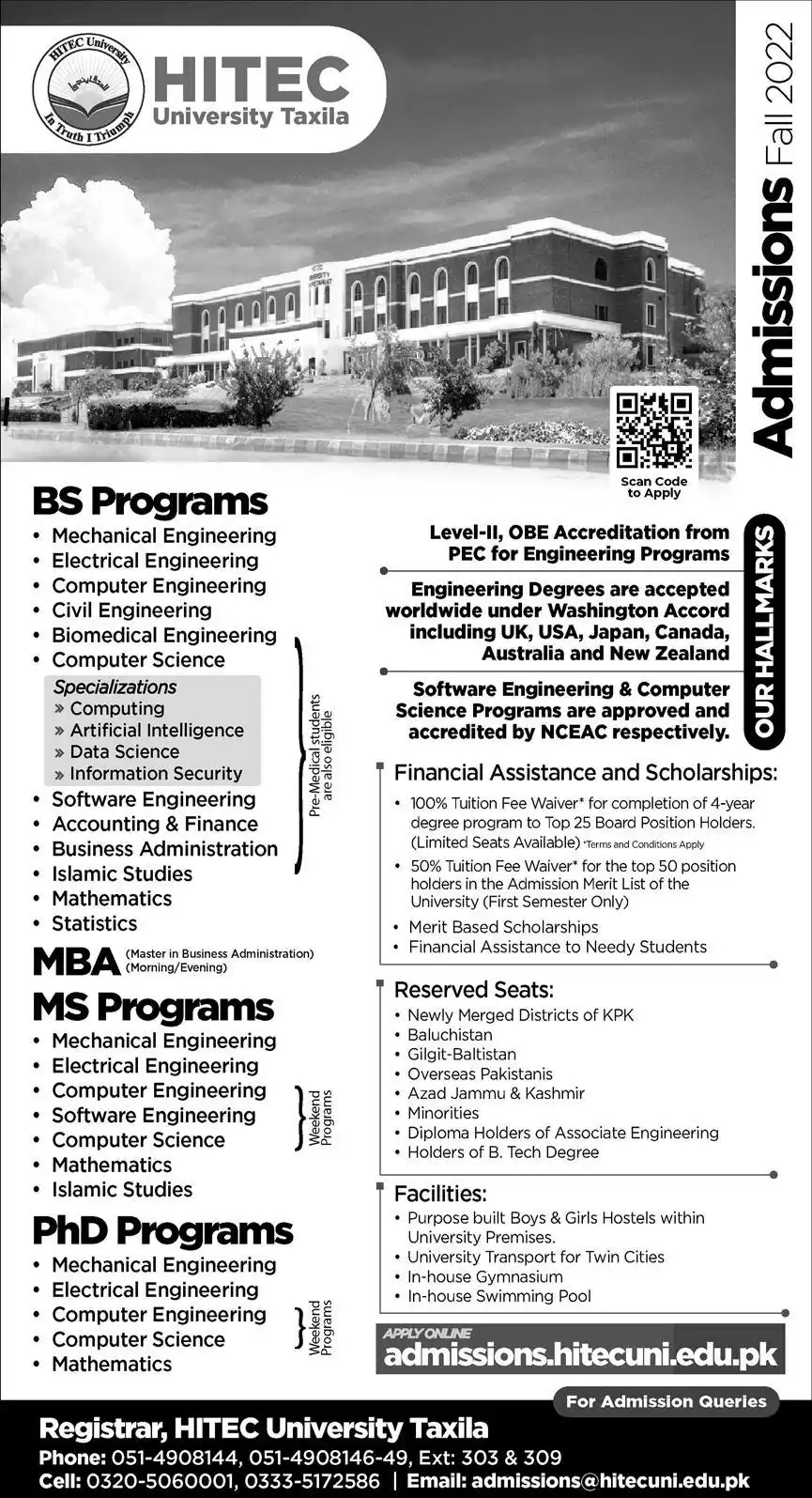 HITEC University Taxila BS MS:PHD Admission 2024