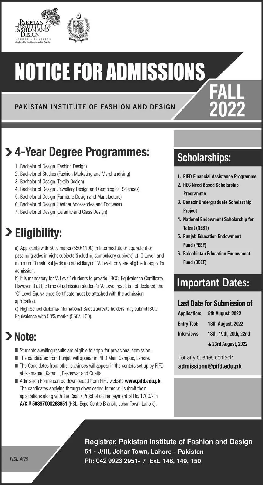 PIFD Lahore Admission 2022 Entry