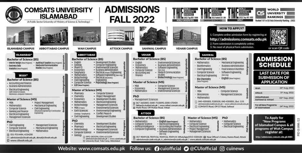 Comsats University Islamabad Admission 2022