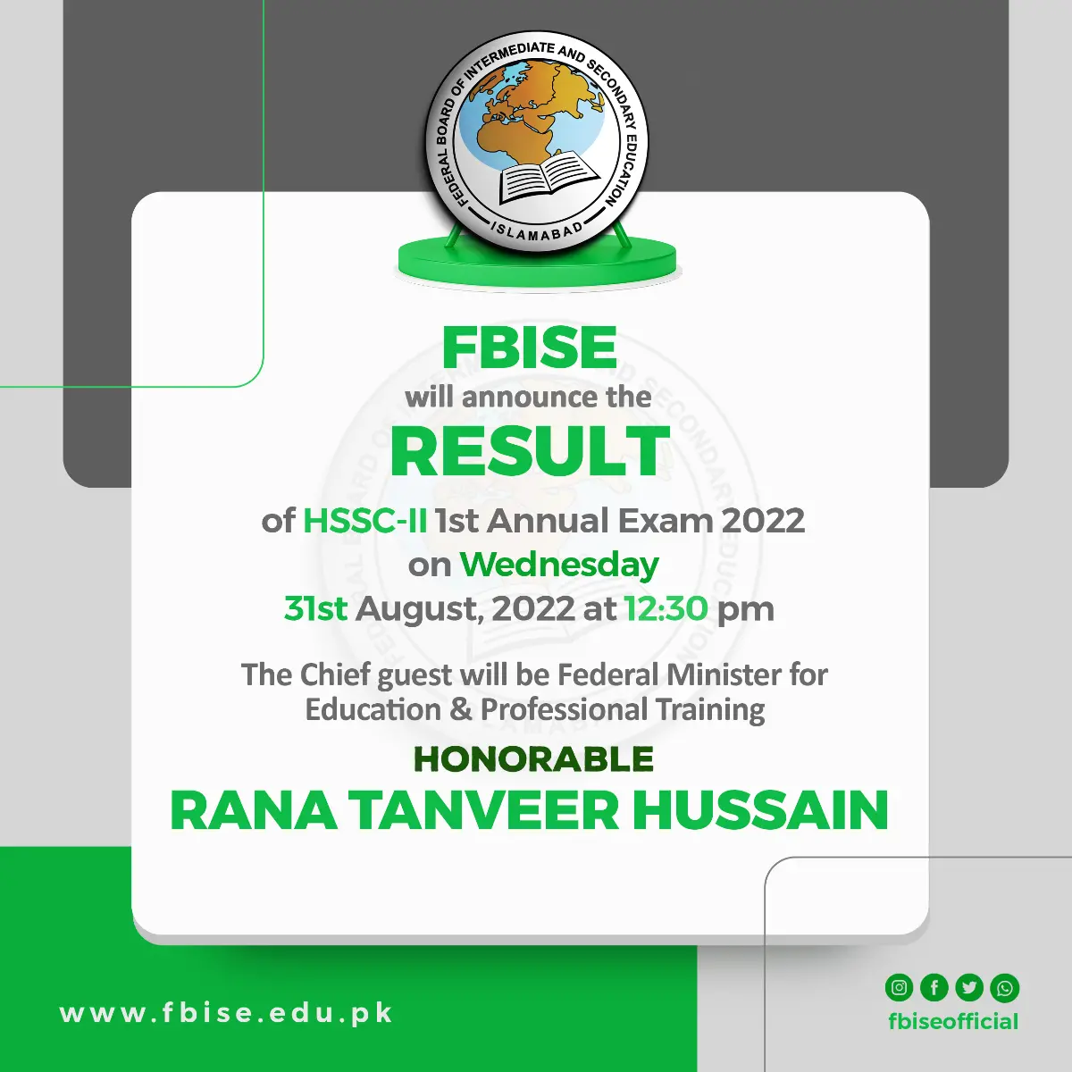Fbise Islamabad Inter HSSC Part 2 12th Class Result 2022