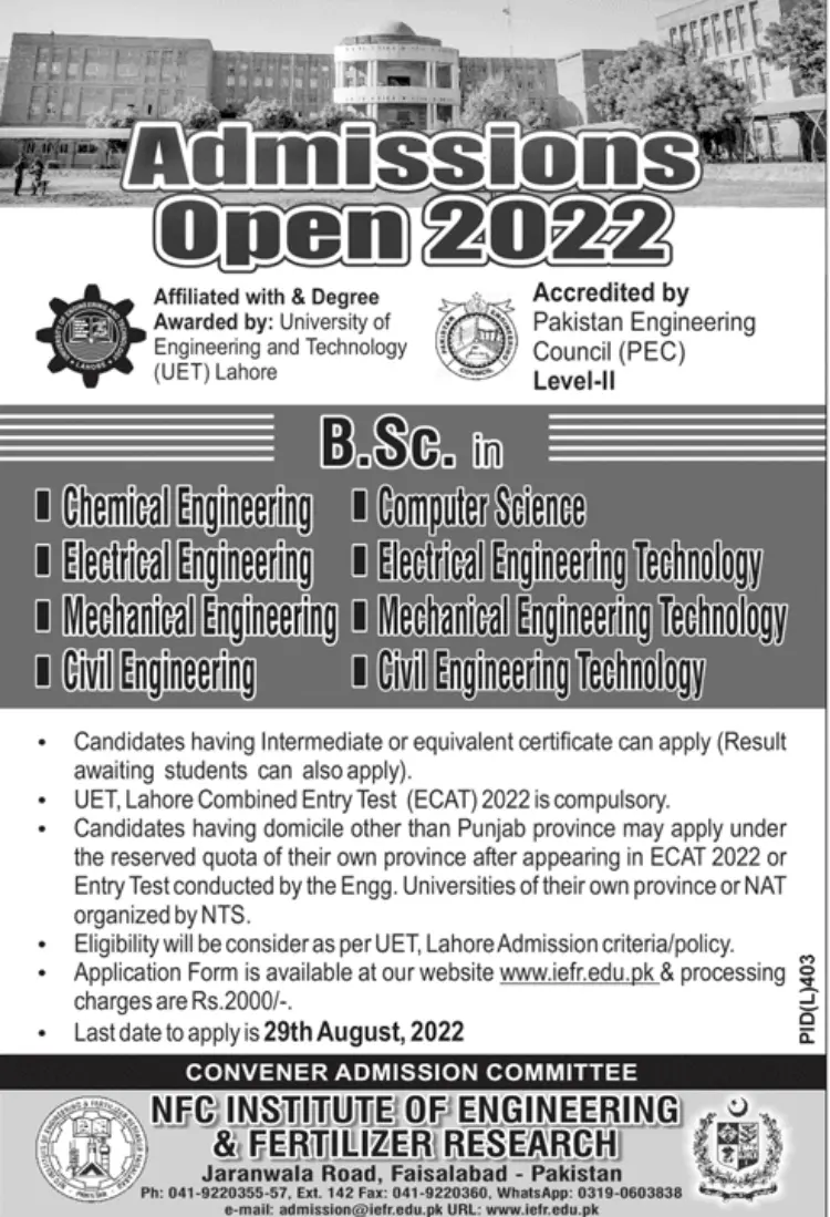 NFC-IEFR Faisalabad Admission 2024