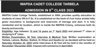 Wapda Cadet College Tarbela Admission 2023