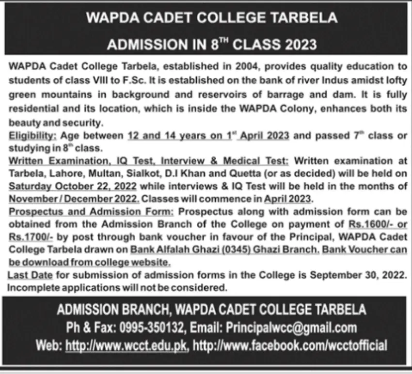 Wapda Cadet College Tarbela Admission 2023