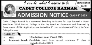 Cadet College Razmak Admission 2023 Entry Test Result