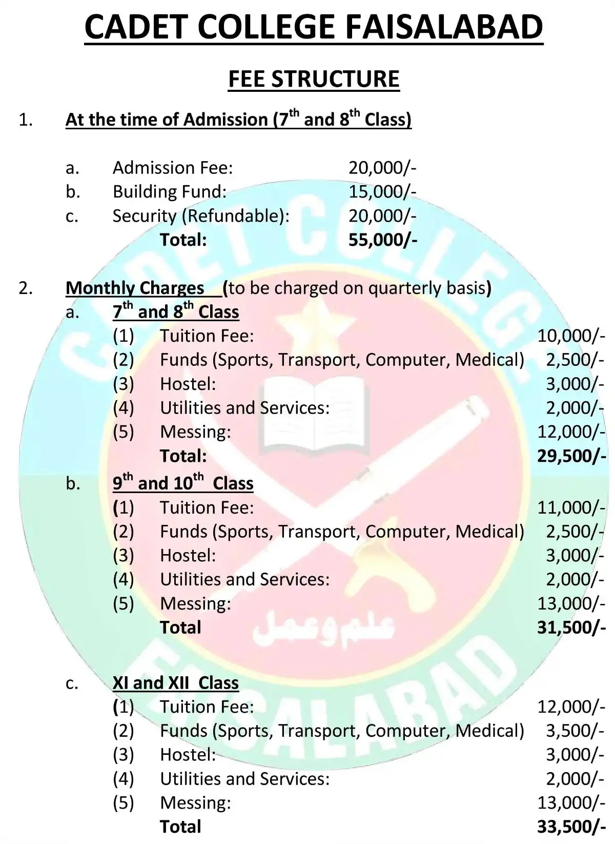 Cadet College Faisalabad Admission Test Date Fee Structure