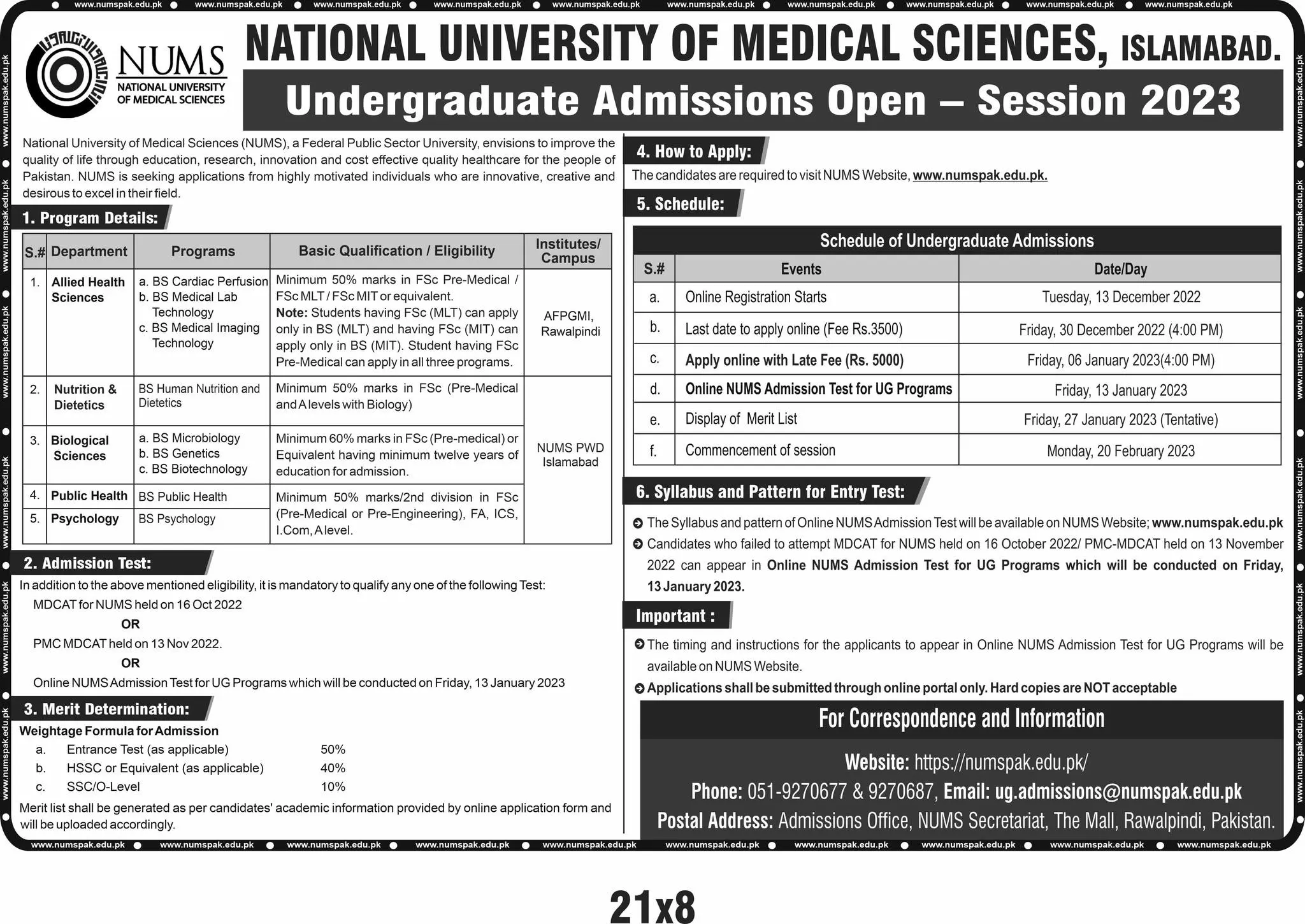 National University of Medical Sciences Admission 2023