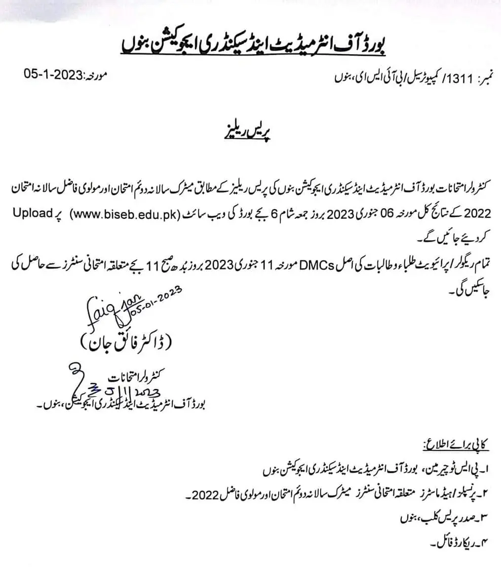 BISE Bannu Board Matric Result 2024