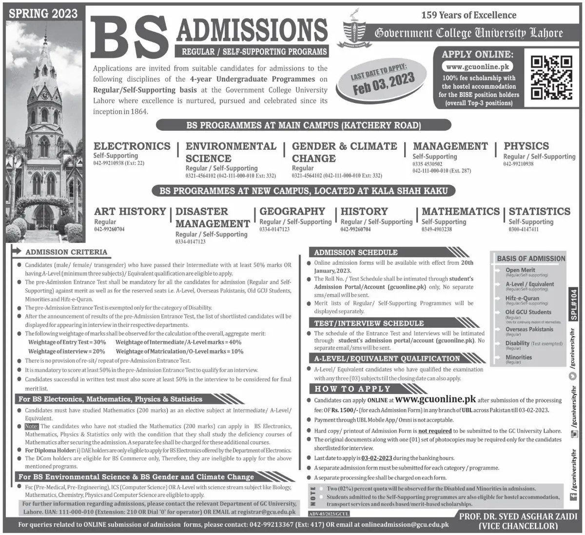 GCU Lahore BS Undergraduate Admission 2023