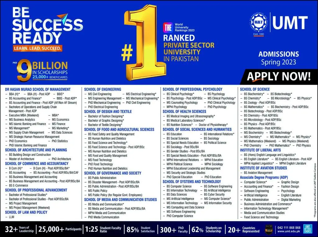 UMT University Admissions Schedule 2024