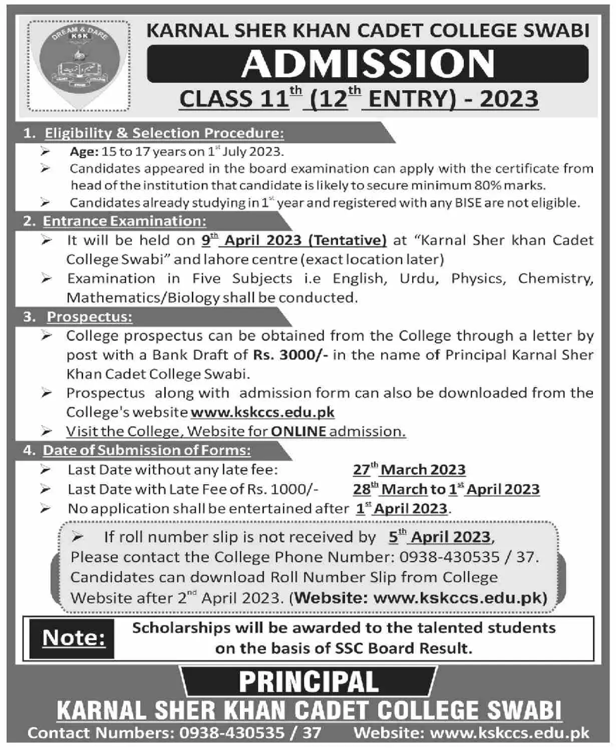 Karnal Sher Khan Cadet College Swabi Admission 2023
