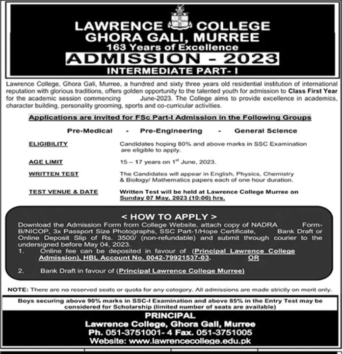 Lawrence College Ghora Gali Murree Admission 2023