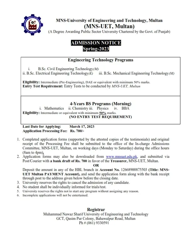 MNS Uet Multan Admission 2024