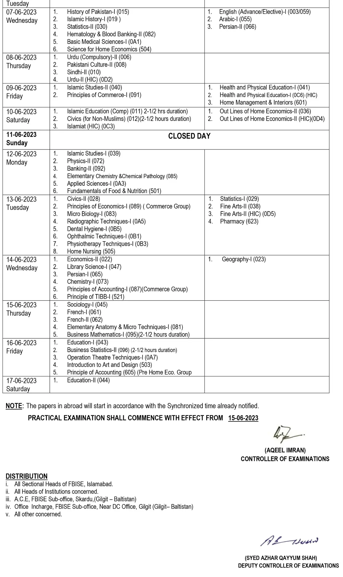 FBISE Board 11th Class Date Sheet 2024