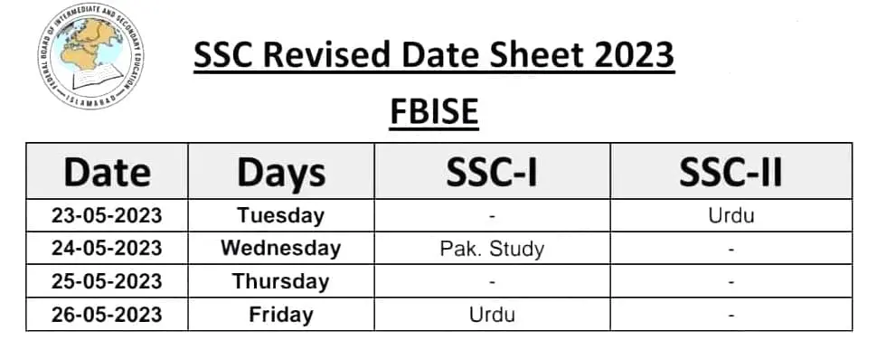 FBISE Matric Revised date sheet 2023