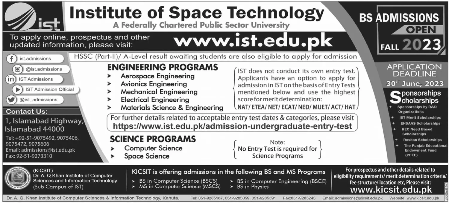 Institute of Space Technology Admission 2023 Fee Structure
