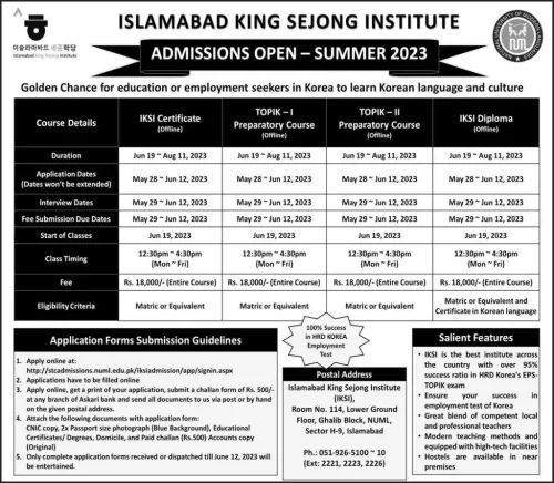 Islamabad King Sejong Institute Courses Program 2023