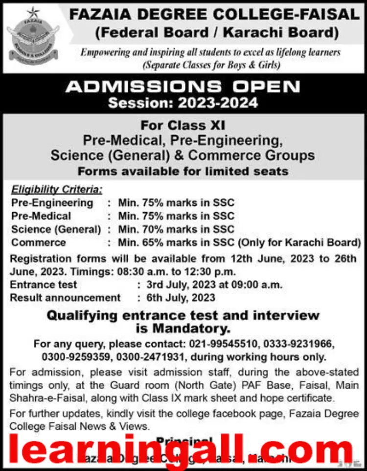 Fazaia Degree College Faisal Karachi admission 2023