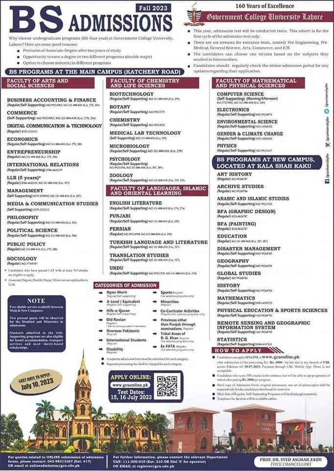 GCU Lahore BS Undergraduate Admission 2023