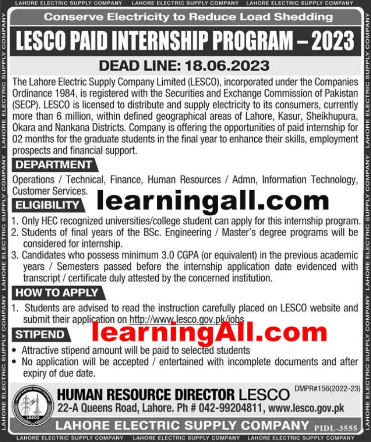 LESCO Internship 2024 Apply Online