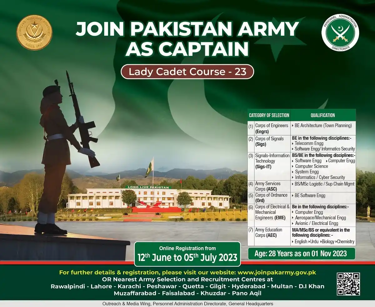 Lady Cadet Pak Army Jobs 2024