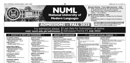 NUML University Online Admission 2023 Form