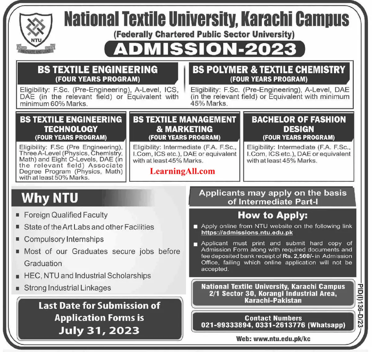 National Textile University Karachi Admission 2023