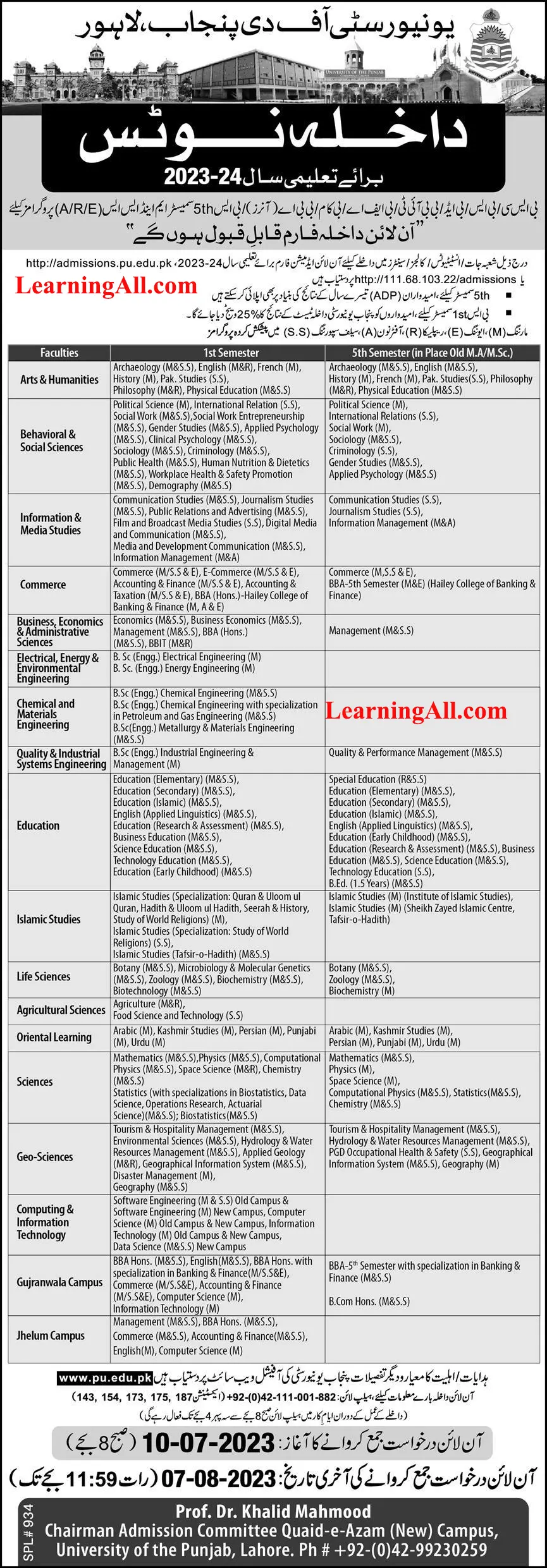 PU Lahore Admission 2024 LearningAll.com