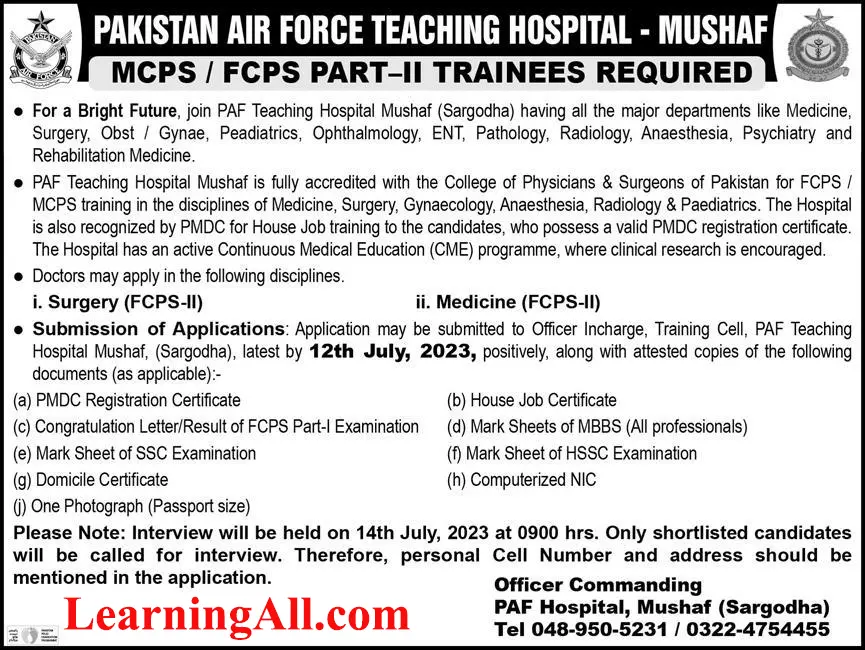 Pakistan Air Force Teaching Trainee Jobs 2024