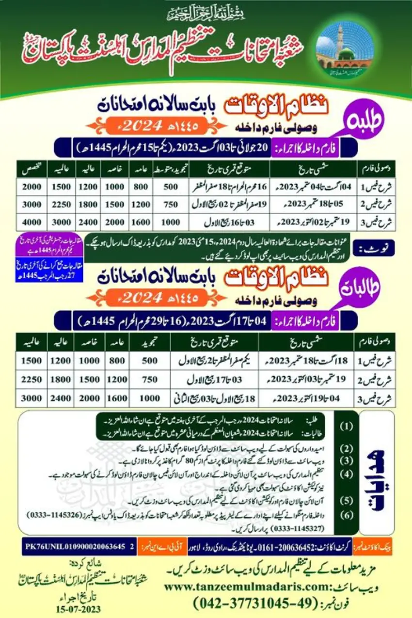 Tanzeem Ul Madaris Admission Form 2024